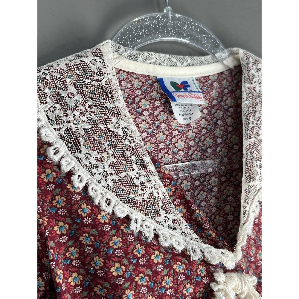 Vintage 70s Diane von Furstenberg Dress‎ Girls 8 Lace Red Floral Cottagecore